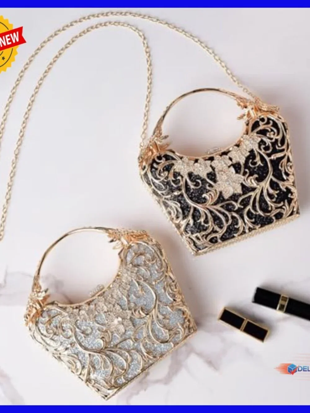 Sparkly Rhinestone Sequin Evening Clutch Purse with Chain Strap